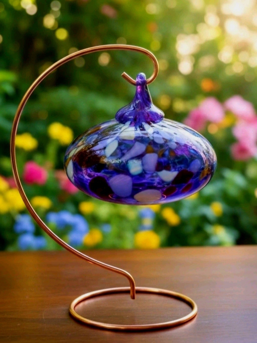 Carnival Glass Rainbow Blown Christmas Ball Ornament with Stand.